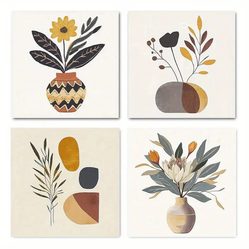 4pcs Flower Bouquet Boho Floral Plant Golden Foils Wall Art Canvas Framed