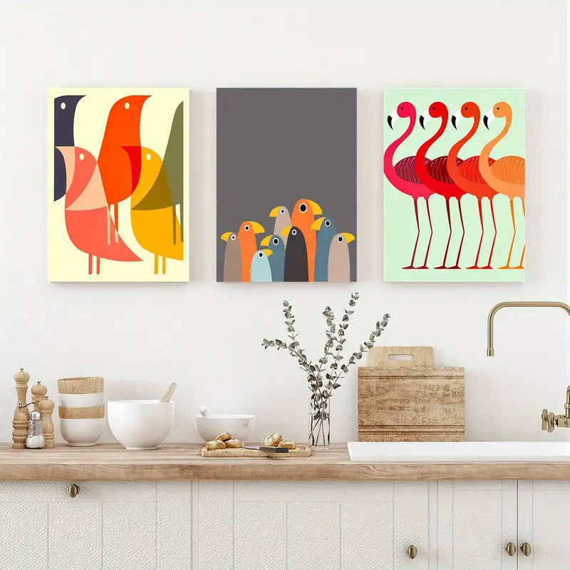 3pcs Scandinavian Art, Flamingo Metal Print Ready to Hang Art