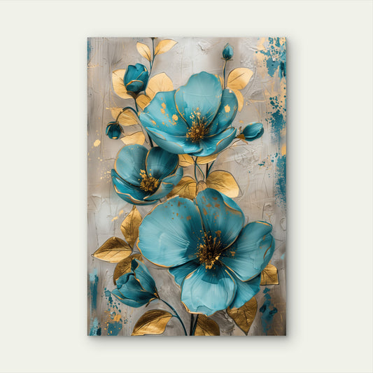 Teal Turquoise Gold Blossom Floral 40x60cm Metal Print Ready to Hang