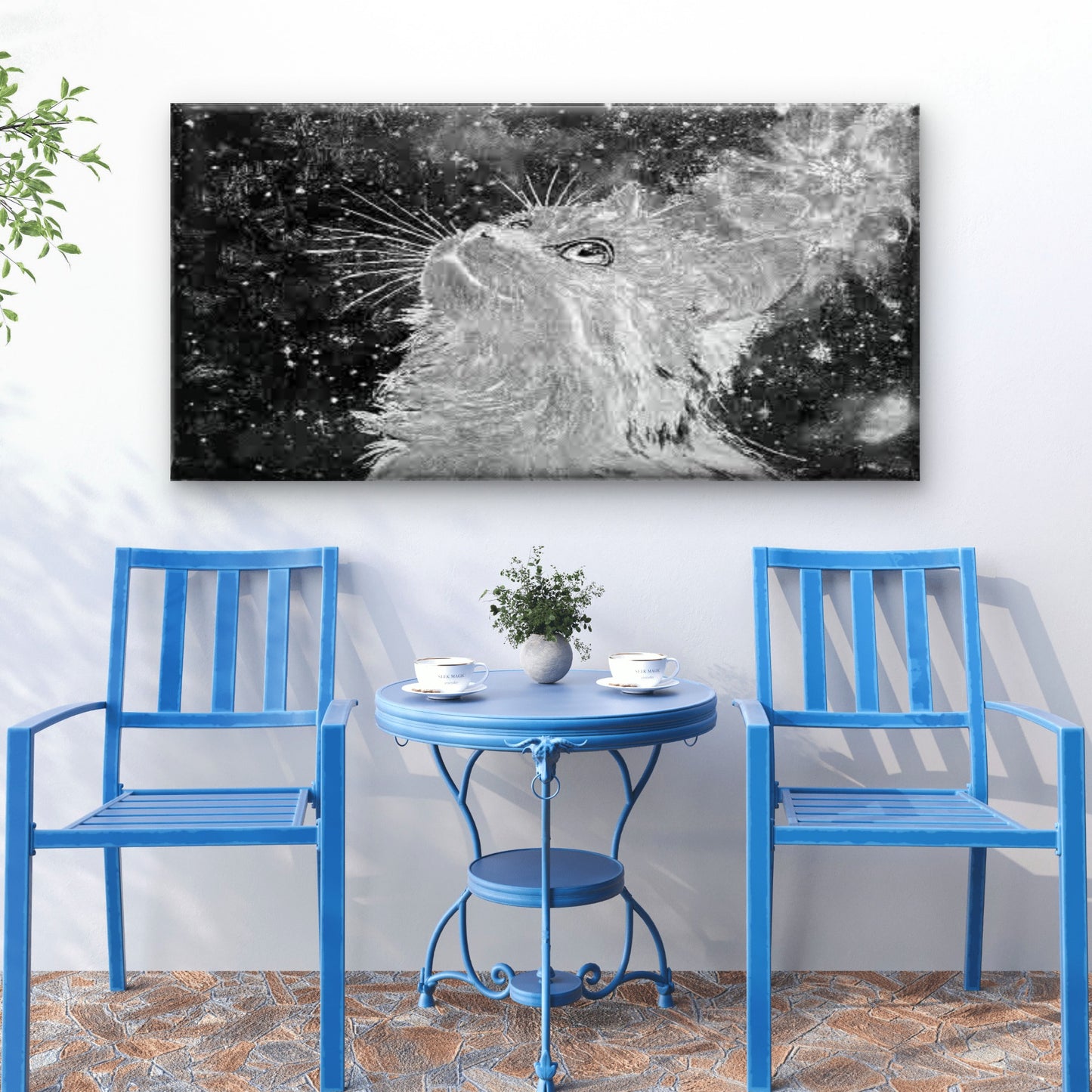Cat Starry Night with Sparkles Wall Art Canvas Office Home Room Framed 120x60cm