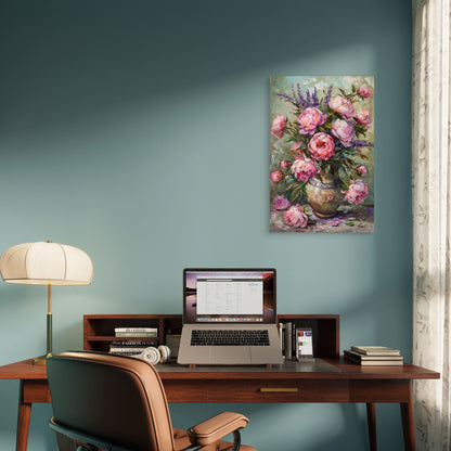 Pink Peony Lavender Vase Impressionist Art 40x60cm Metal Print Ready to Hang