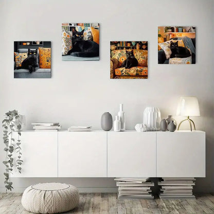4pcs  Black Cat Art Deco Wall Art Canvas Framed