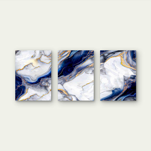 3pcs Abstract Marble Navy Blue, White, And Gray Metal Print Ready to Hang Art - Bella Home Decor