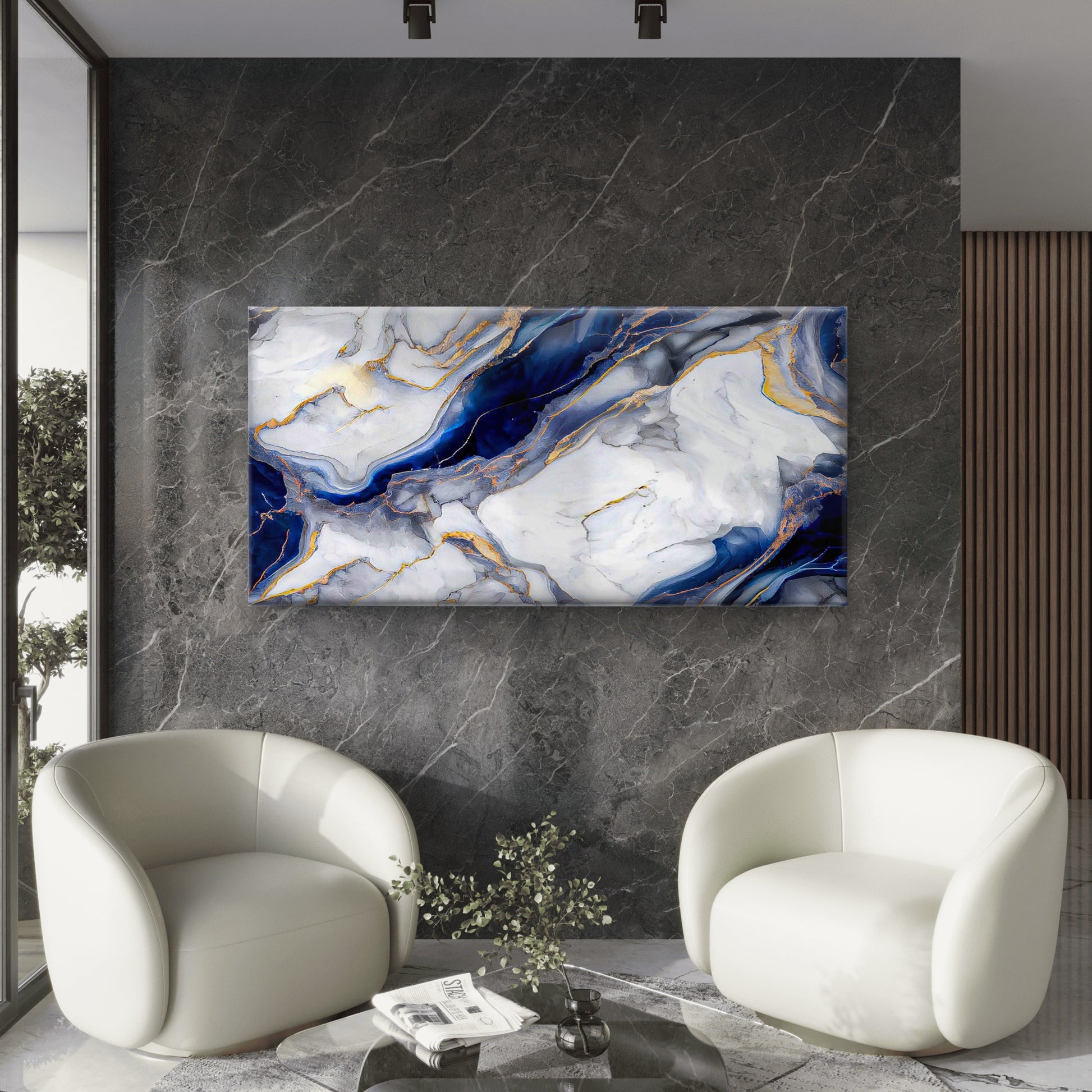 Abstract Marble Navy Blue White Wall Art Canvas Office Home Room Framed 120x60cm - Bella Home Decor