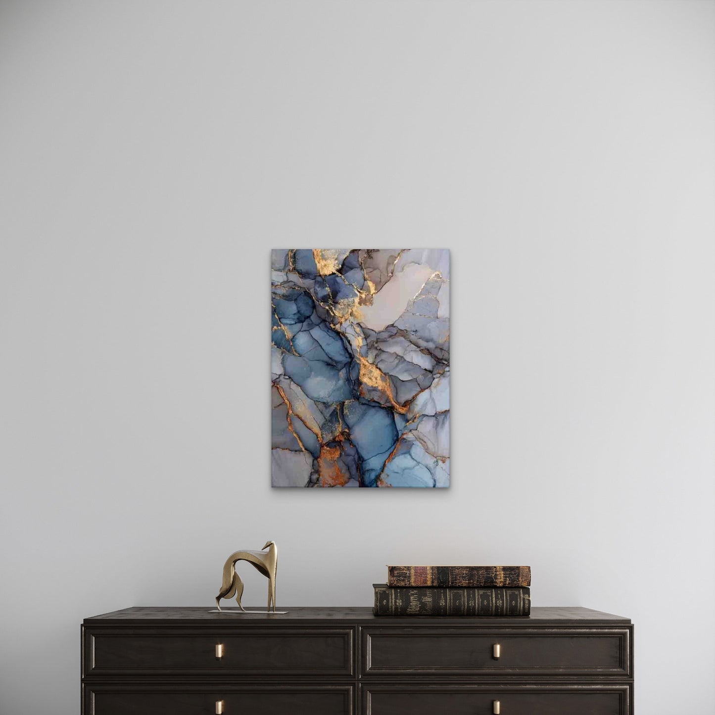 Abstract Fluid Gray Blue Marble & Golden Veins 60x90cm Metal Print Ready to Hang