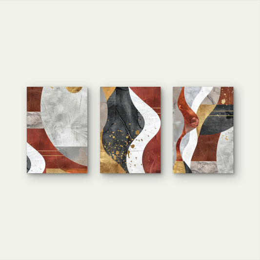 3pcs Modern Abstract Wavy Terracotta Gold Wall Art Set Canvas Framed 50x70cm - High Quality Print 100% Australian Made Wall Canvas Ready to Hang
