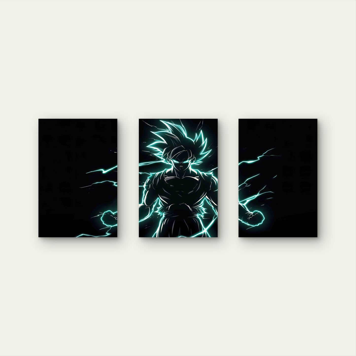 3pcs Anime Fighter Neon Cyan Lightning Silhouette Metal Print Ready to Hang Art