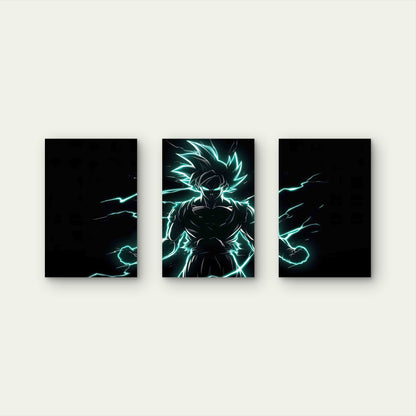 3pcs Anime Fighter Neon Cyan Lightning Silhouette Metal Print Ready to Hang Art