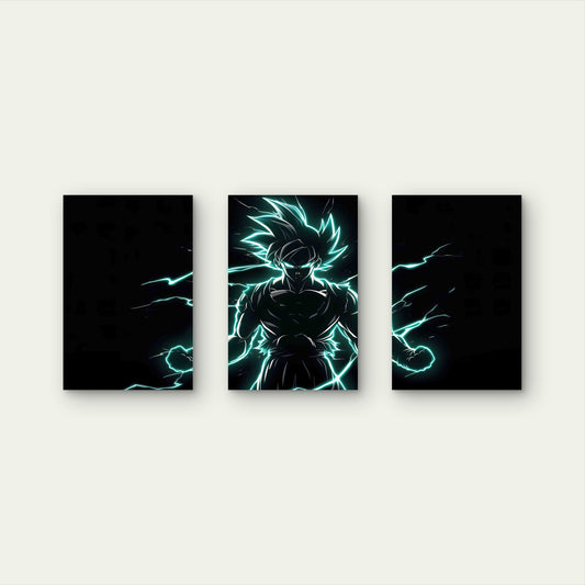 3pcs Anime Fighter Neon Cyan Lightning Silhouette Metal Print Ready to Hang Art