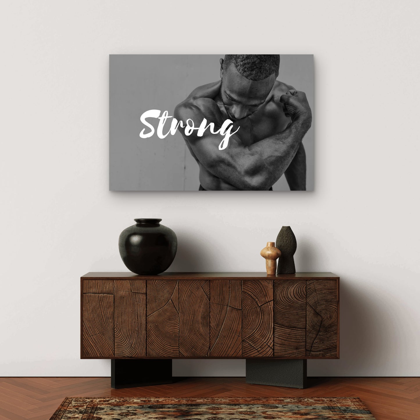 Strong Male Athlete Bicep Flex Motivational Black And White 5mm thick Plastic Poster Ready to Hang 90x60cm