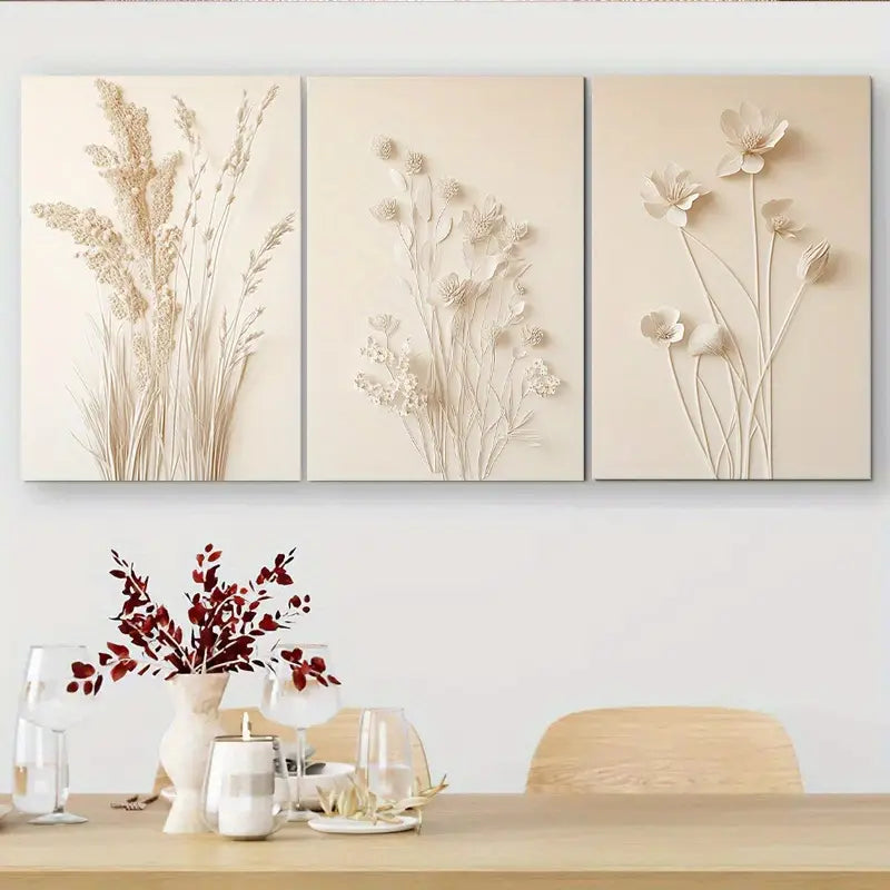 3pcs Beige Tones, Modern Nature Metal Print Ready to Hang Art - Bella Home Decor