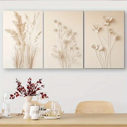3pcs Beige Tones, Modern Nature Metal Print Ready to Hang Art - Bella Home Decor