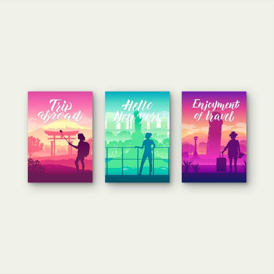 3pcs Retro Silhouette Pastel Travel Landscape Wall Art Set Canvas Framed 60x90cm - High Quality Print 100% Australian Made Wall Canvas Ready to Hang