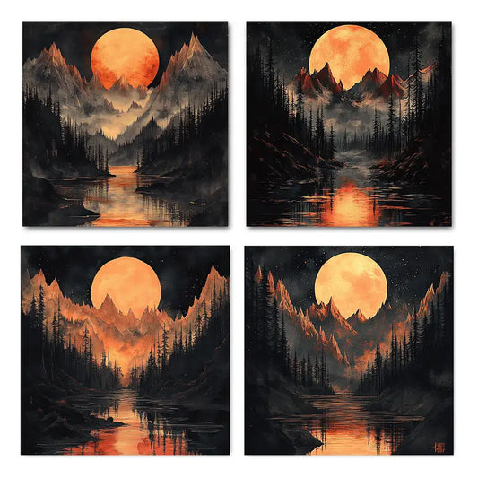 4pcs Golden Twilight Mountain Landscape Wall Art Canvas Framed