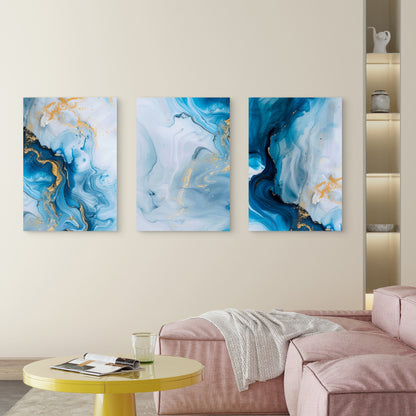 3pcs Blue Ocean Abstract Gold Marble Wave   Wall Art Set Canvas Framed 40x60cm - High Quality Print 100% Australian Made Wall Canvas Ready to Hang