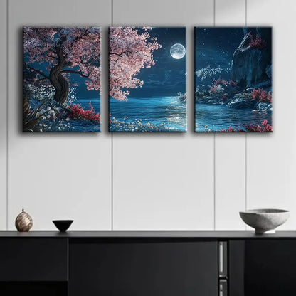 3pcs Japanese Cherry Blossom Tree & Night Sky Metal Print Ready to Hang Art