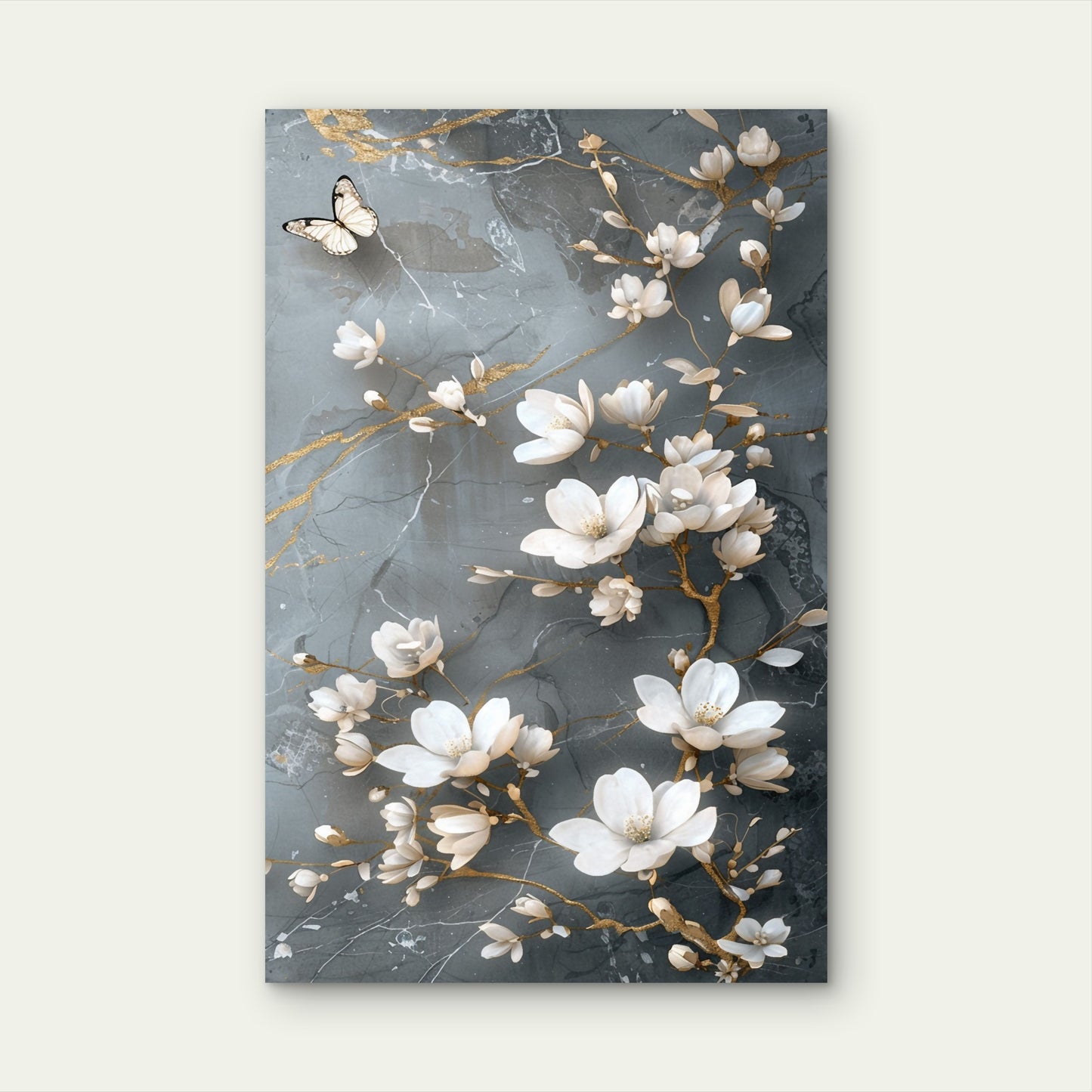 Grey Gold Magnolia Blossom Butterfly 40x60cm Metal Print Ready to Hang