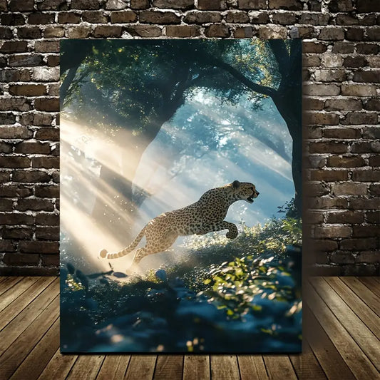 Cheetah in Magical Forest with Sunbeams 40x60cm Metal Print Ready to Hang - Bella Home Decor