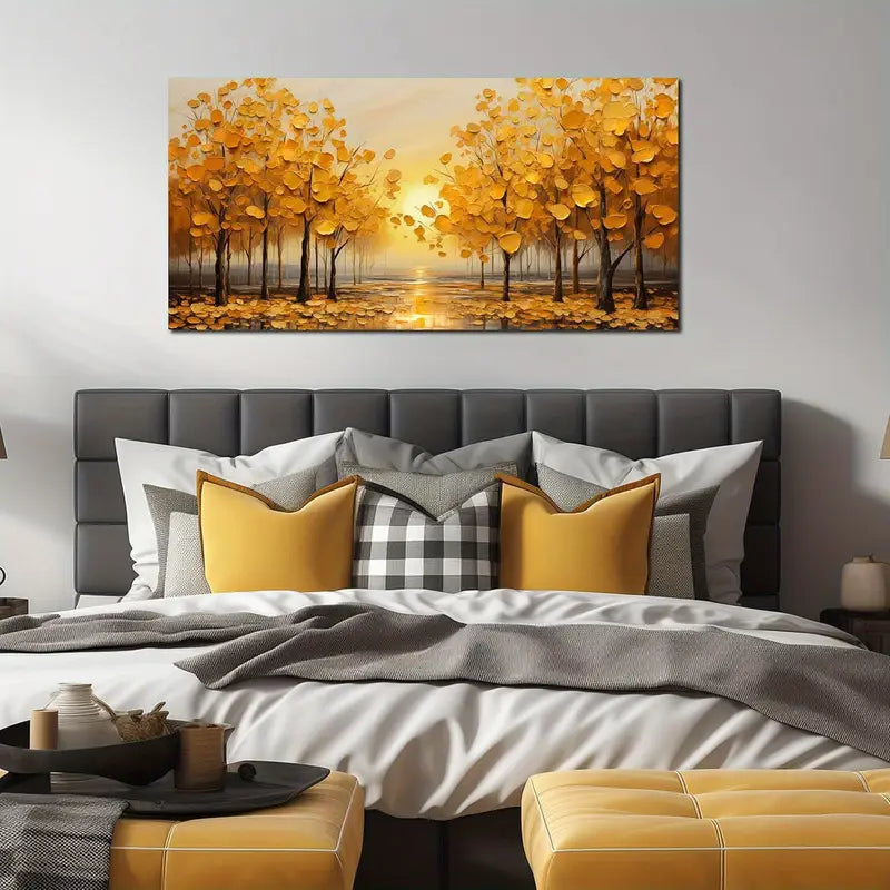 Yellow Leaves Sunset Trees Wall Art canvas office home room framed 120x60cm - Bella Home Decor