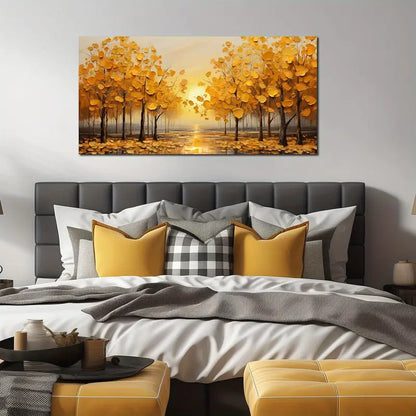 Yellow Leaves Sunset Trees Wall Art canvas office home room framed 120x60cm - Bella Home Decor
