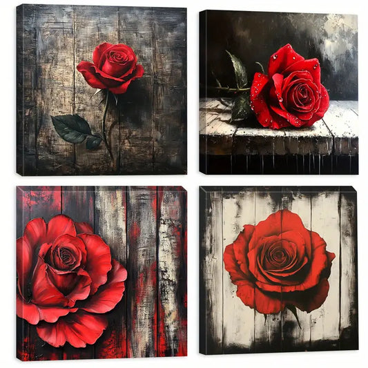 4pcs Red Rose Interior Design  Wall Art Canvas Framed