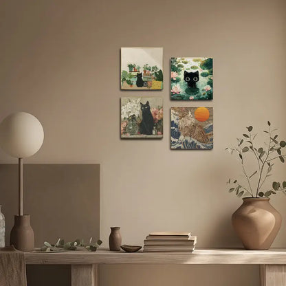 4pcs Adorable Orange Cat Room Decoration Wall Art Canvas Framed