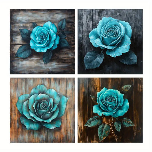 4pcs Blue Rose Wall Art Canvas Framed