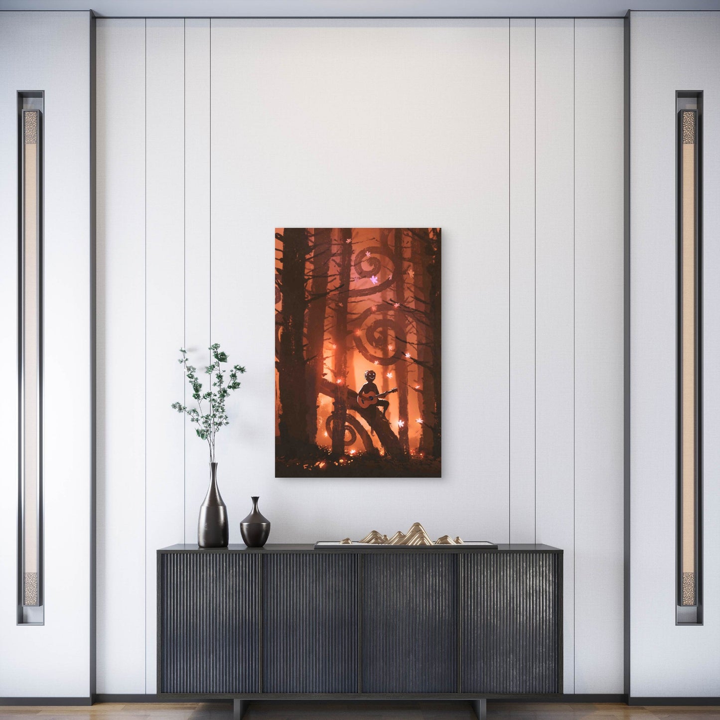 Young Man Playing Guitar in Fantasy Autumn Forest  60x90cm Metal Print Ready to Hang