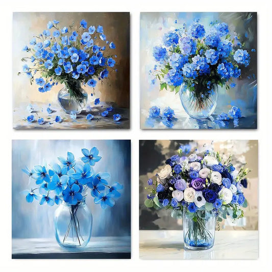 4pcs Elegant Blue & Purple Floral Canvas Wall Art Canvas Framed