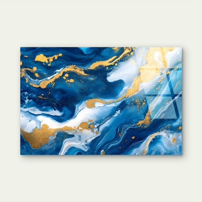 Abstract Blue Marble Fluid Gold Swirl Acrylic Glass Printing Wall Art Australian Made Quality