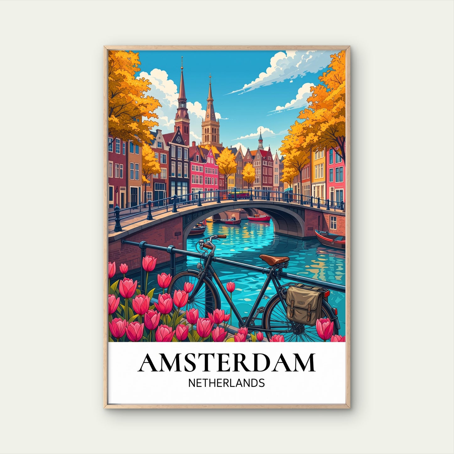 Amsterdam Canal Bicycle And Tulips Netherlands  Travel Poster Print Wall Art