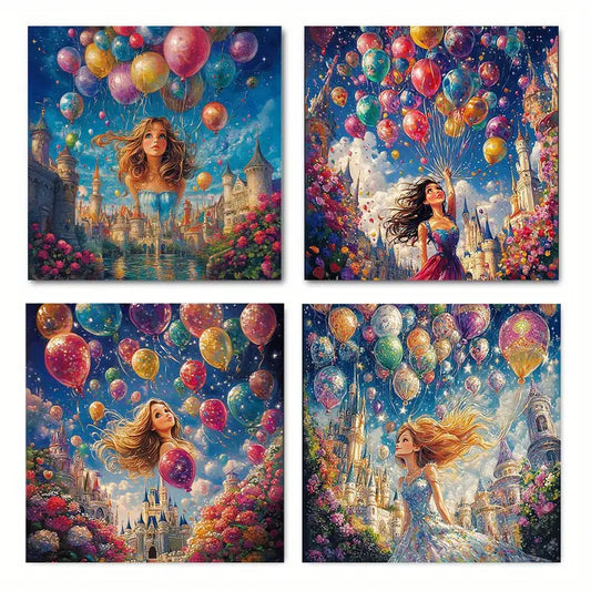 4pcs Vintage Abstract Colorful Balloon City Them Wall Art Canvas Framed