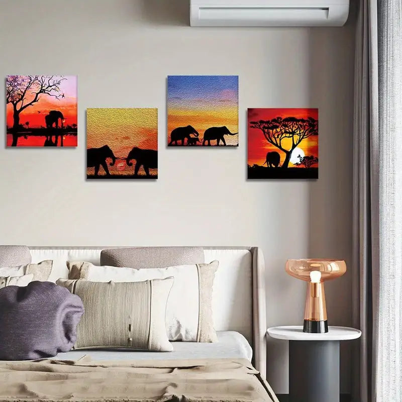 4pcs African Elephant Sunset Wall Art Canvas Framed