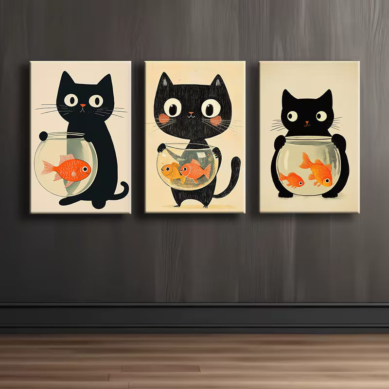 3pcs Black Cat and Fish Tank Illustration Wall Art Set Canvas Framed 40x60cm - High Quality Print 100% Australian Made Wall Canvas Ready to Hang - Bella Home Decor