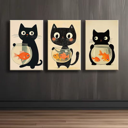3pcs Black Cat and Fish Tank Illustration Wall Art Set Canvas Framed 40x60cm - High Quality Print 100% Australian Made Wall Canvas Ready to Hang