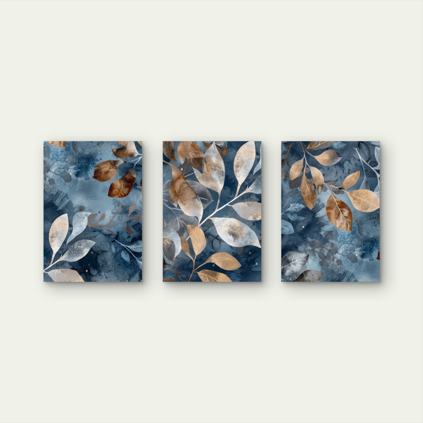 3pcs Navy Blue Botanical Gold Leaf Wall Art Set Canvas Framed 60x90cm - High Quality Print 100% Australian Made Wall Canvas Ready to Hang