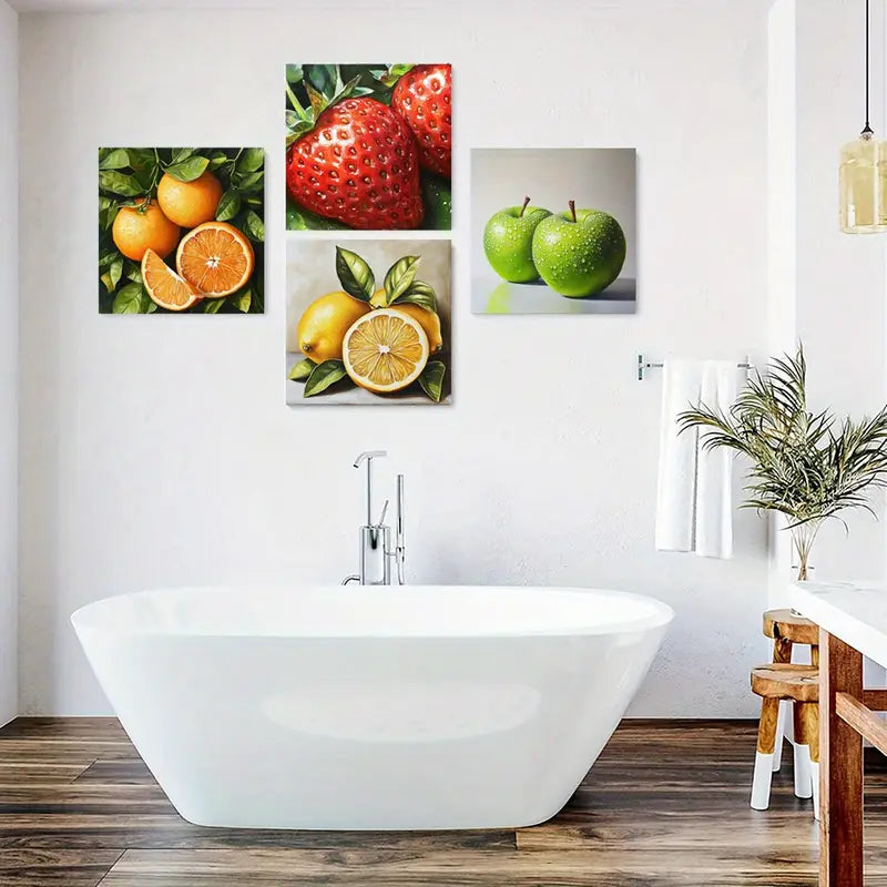 4pcs Strawberry, Lemon, Orange & Apple Designs Wall Art Canvas Framed