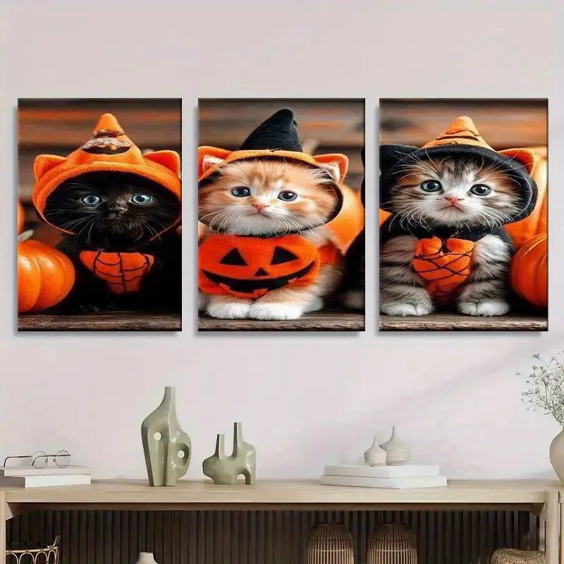 3pcs Halloween Kittens In Witch Hats Metal Print Ready to Hang Art