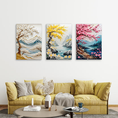 3pcs Textured Floral Landscape And Blossoming Trees Painting Wall Art Set Canvas Framed 40x60cm - High Quality Print 100% Australian Made Wall Canvas Ready to Hang