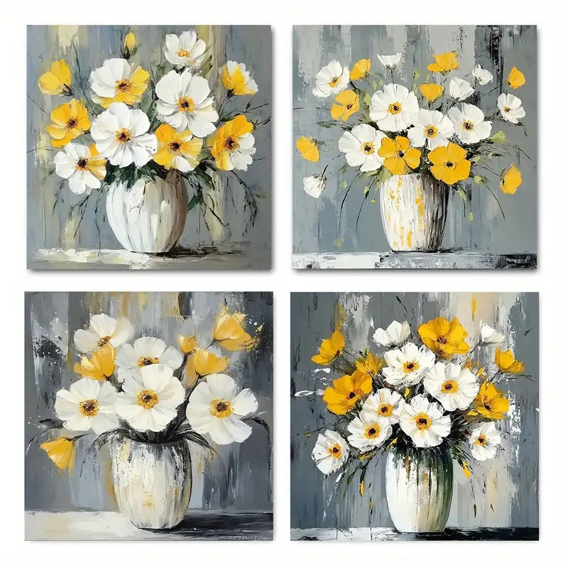 4pcs White & Yellow Botanical Decor Wall Art Canvas Framed