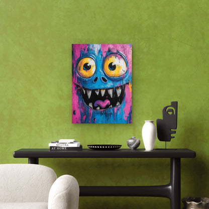 Cartoon Monster Design in Vibrant Blue And Pink 60x90cm Metal Print Ready to Hang
