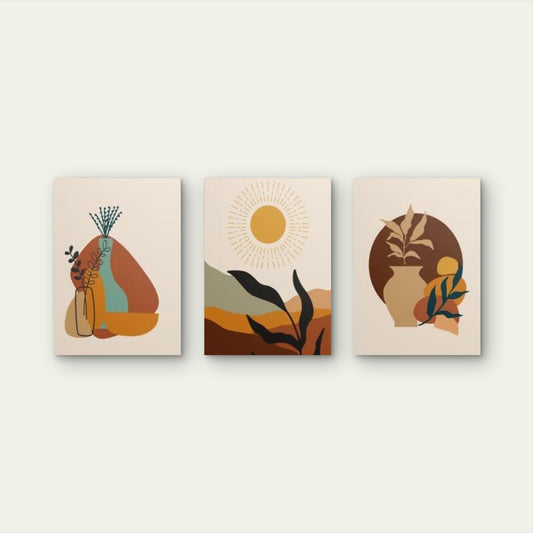 3pcs Modern Terracotta Boho Botanical Sun Wall Art Set Canvas Framed 40x60cm - High Quality Print 100% Australian Made Wall Canvas Ready to Hang - Bella Home Decor