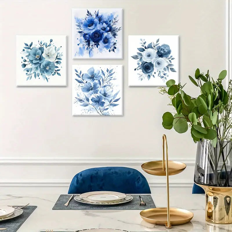 4pcs  Blue And White Palette Watercolor BD Wall Art Canvas Framed