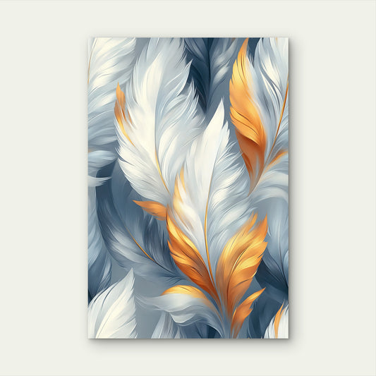 Blue Gold White Soft Feather Pattern 40x60cm Metal Print Ready to Hang