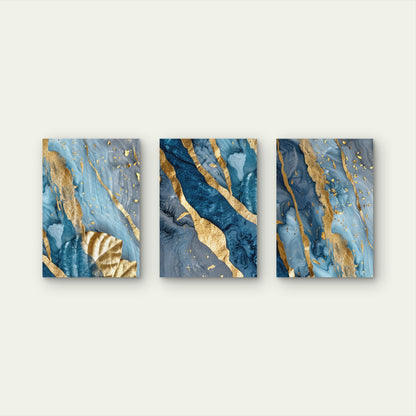 3pcs Modern Ocean Blue Fluid Ink Painting with Gold Leaf Wall Art Set Canvas Framed 40x60cm - High Quality Print 100% Australian Made Wall Canvas Ready to Hang