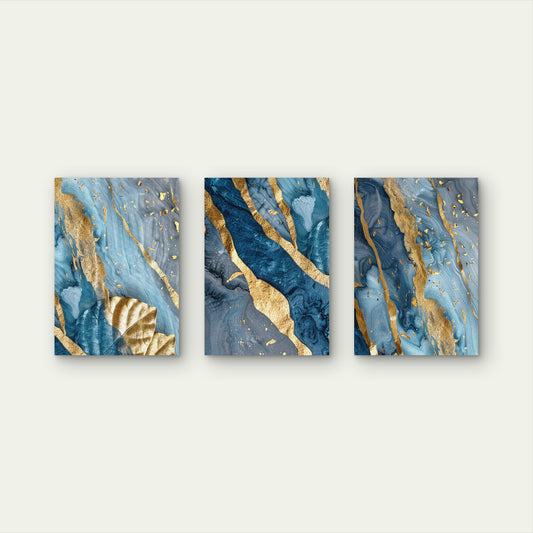 3pcs Modern Ocean Blue Fluid Ink Painting with Gold Leaf Wall Art Set Canvas Framed 40x60cm - High Quality Print 100% Australian Made Wall Canvas Ready to Hang