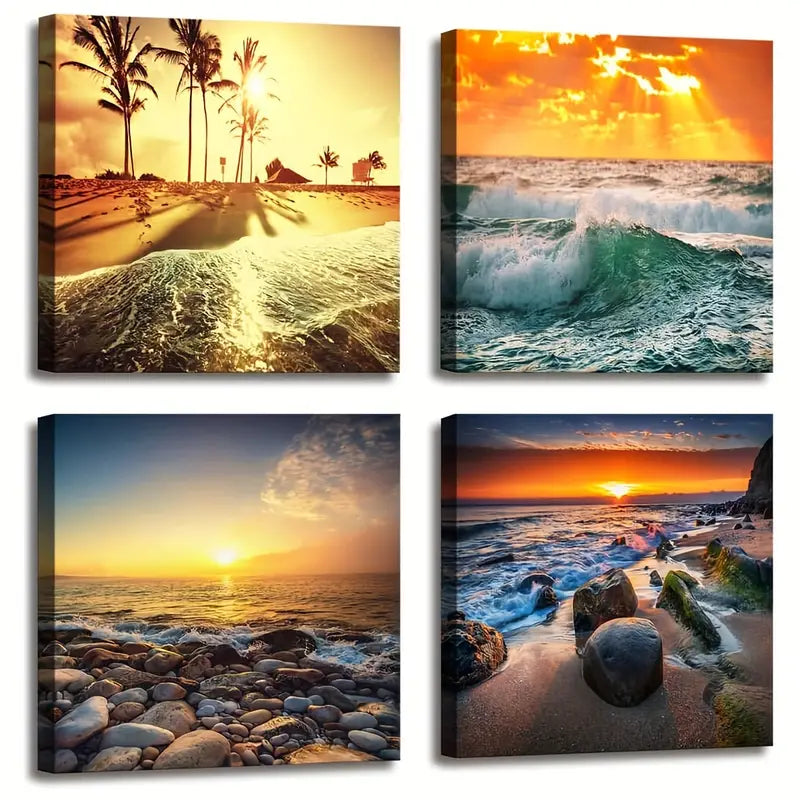 4pcs Seascape Nature Composition of Sea  Wall Art Canvas Framed
