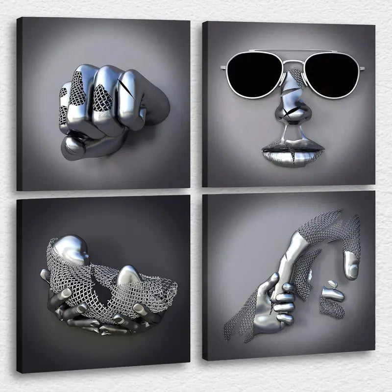 4pcs Gray with Silvery Effect, Holding Hands Wall Art Canvas Framed - Bella Home Decor