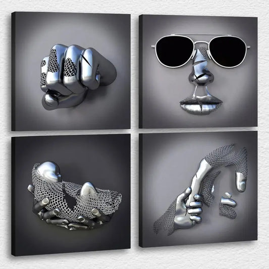 4pcs Gray with Silvery Effect, Holding Hands Wall Art Canvas Framed