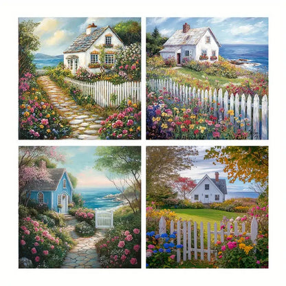 4pcs White Fence, Garden Decor Wall Art Canvas Framed